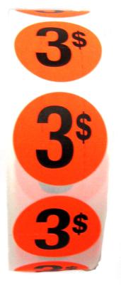 PR003 : Price rolls PR003 : Accessories & Supplies - Discount sticker - 3$ Fluo PRICE ROLLS, 3$ FLUO, 1000/rlx
