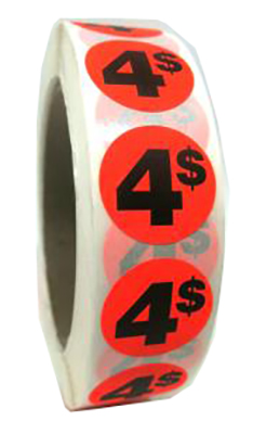 PR004 : Rouleaux PR004 : Accessories & Supplies - Discount sticker - 4$ Roll Fluo ROULEAUX , 4$ ROLL FLUO , 1000 stic/RLS