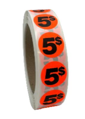 PR005 : Rouleaux PR005 : Accessories & Supplies - Discount sticker - 5$ Roll Fluo ROULEAUX , 5$ ROLL FLUO , 1000 stic/RLS