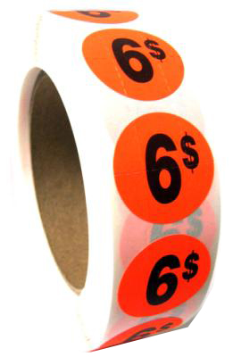 PR006 : Rouleaux PR006 : Accessories & Supplies - Discount sticker - 6$ Roll Fluo ROULEAUX , 6$ ROLL FLUO , 1000 stick/RLS