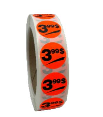 PR399 : Price rolls PR399 : Accessories & Supplies - Discount sticker - 3.99$ Fluo PRICE ROLLS, 3.99$ FLUO, 1000/rlx